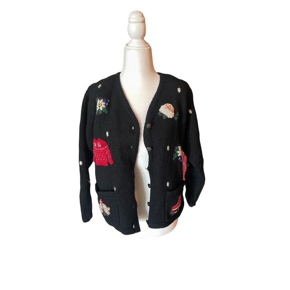 Vintage Black Wool Christmas Embroidered Holiday Cardigan Sweater